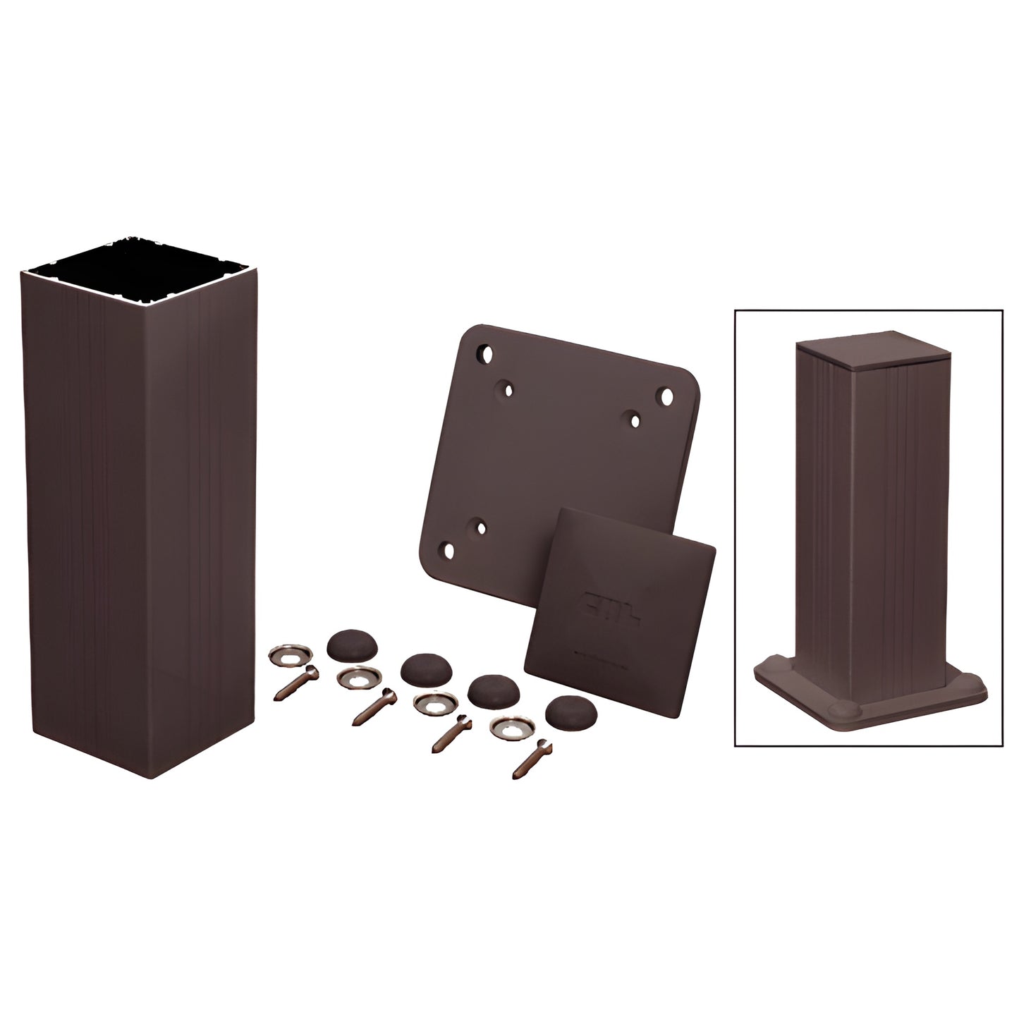 4-in square aluminum post kit, matte bronze finish with base plate, cap and hardware - SKU 4P42KBRZ