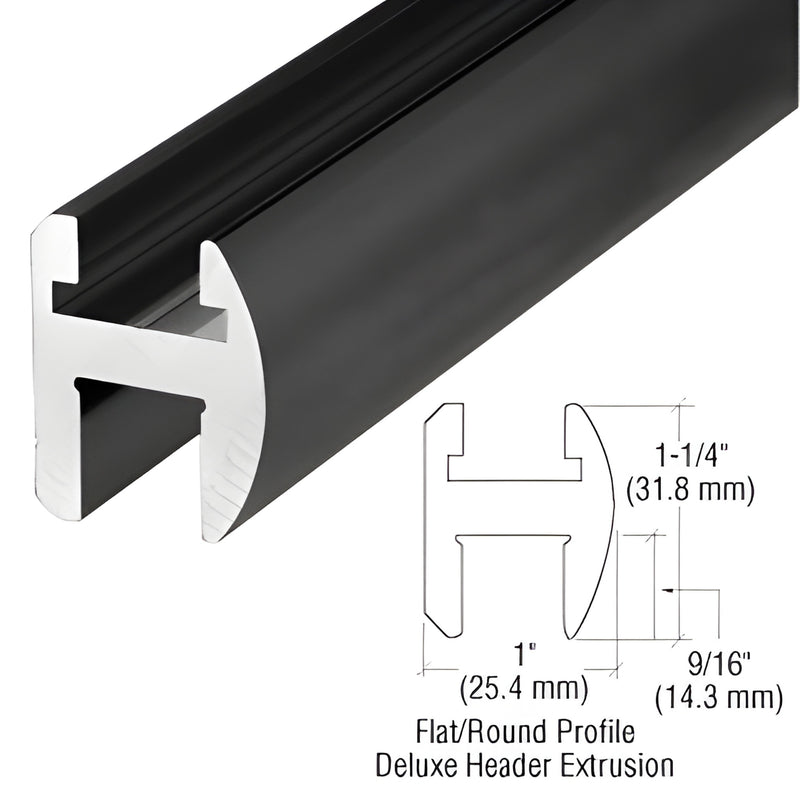 Matte black aluminum deluxe header extrusion for frameless shower glass, 144 in (SKU SDH144MBL)