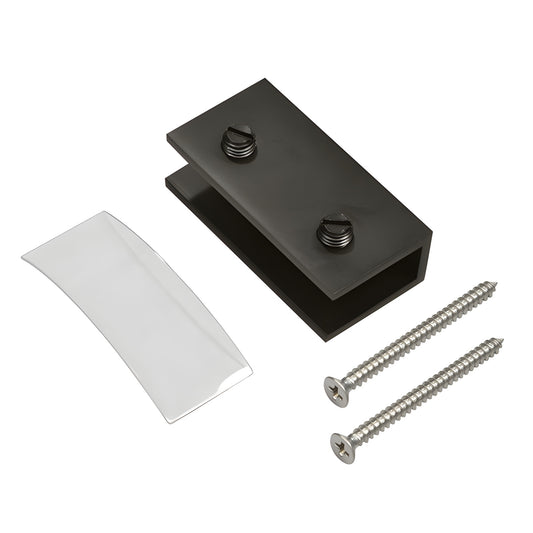NDC40RB oil-rubbed bronze no-drill brass fixed-panel clamp with clear gasket and two mounting screws.