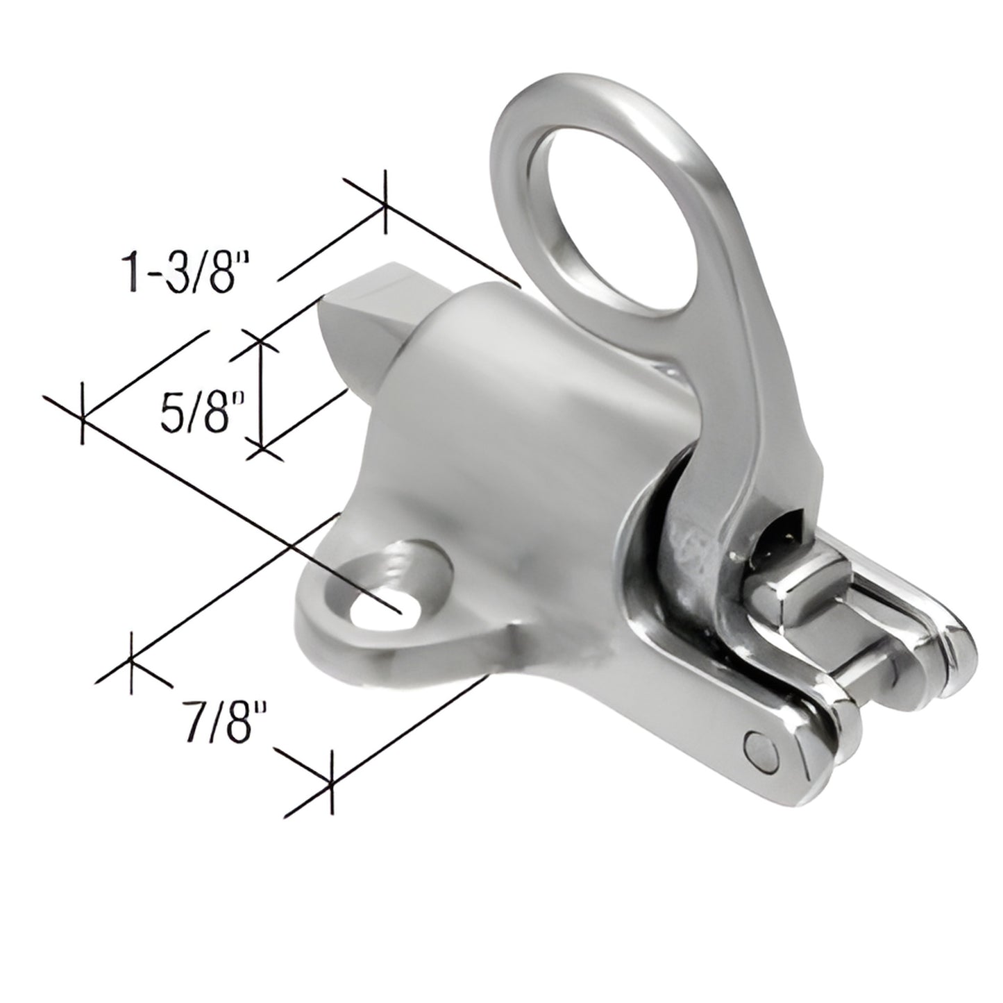 Brushed bronze spring transom latch SKU H3610, heavy bronze casting with mounting hole; dims 1-3/8 x 5/8 x 7/8 in.