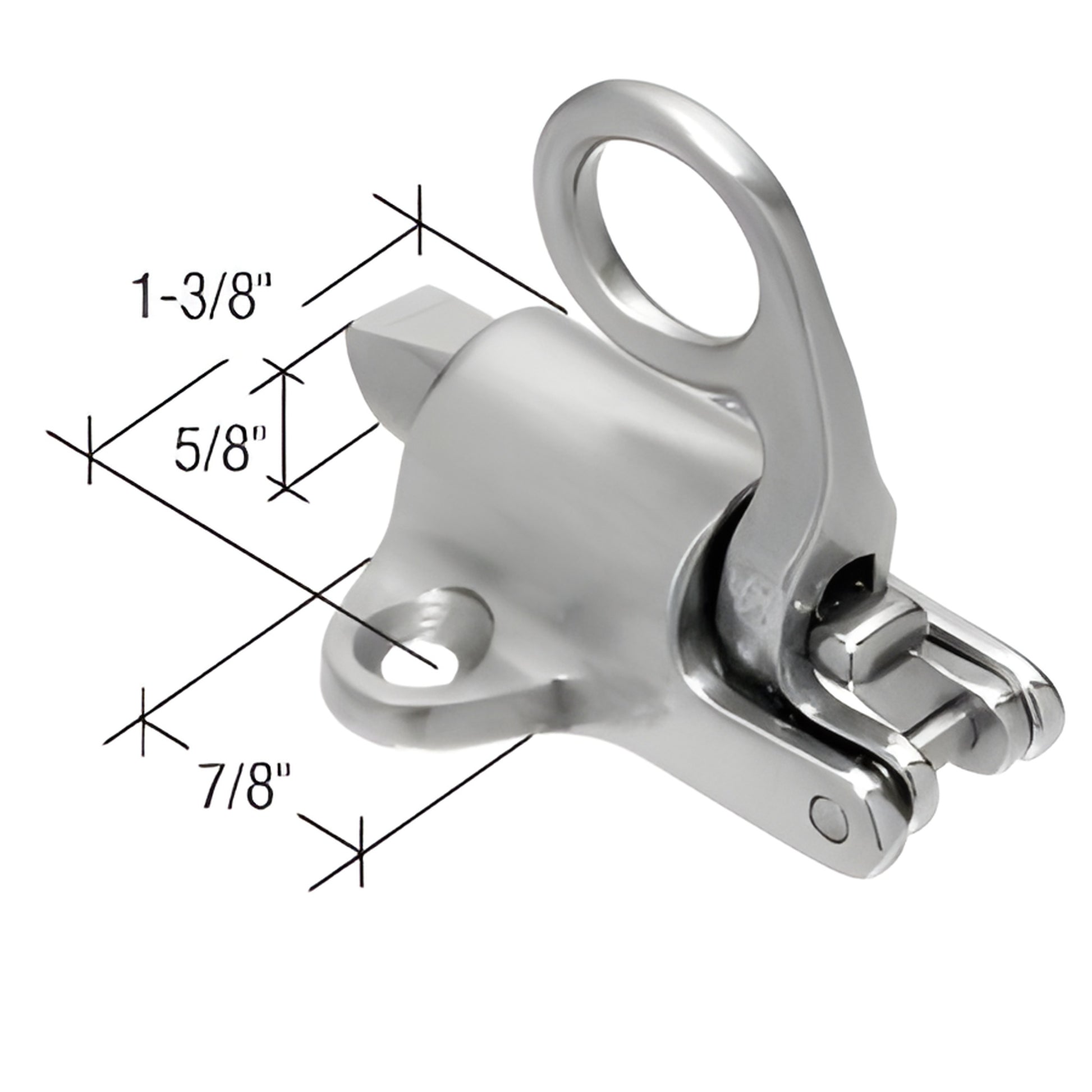 Brushed bronze spring transom latch SKU H3610, heavy bronze casting with mounting hole; dims 1-3/8 x 5/8 x 7/8 in.