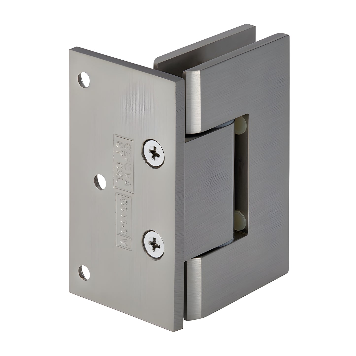GEN344BN brushed-nickel adjustable Geneva shower door hinge for 8-12mm glass, solid brass, square-edge design.