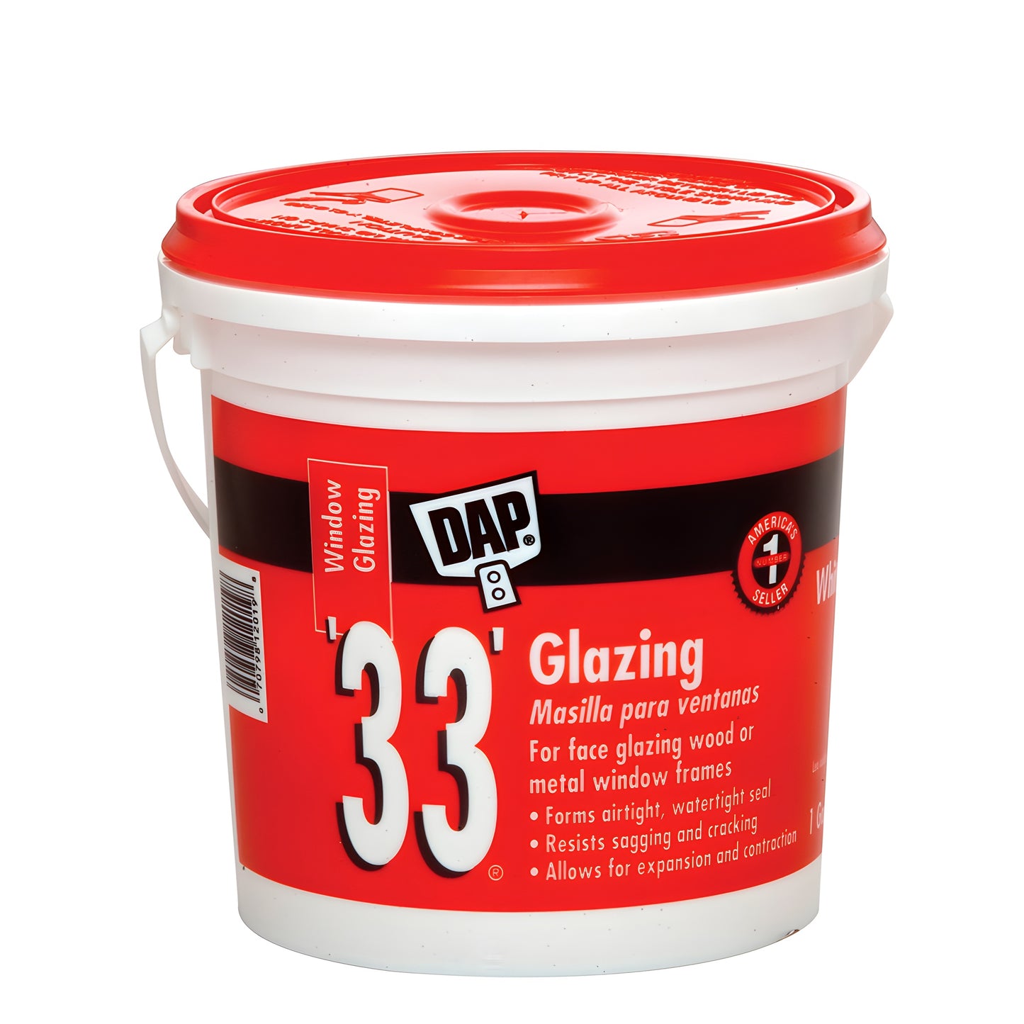 DAP 33 glazing compound, 1 gal white bucket (SKU 33GLW). Paintable putty for wood and metal window sash.