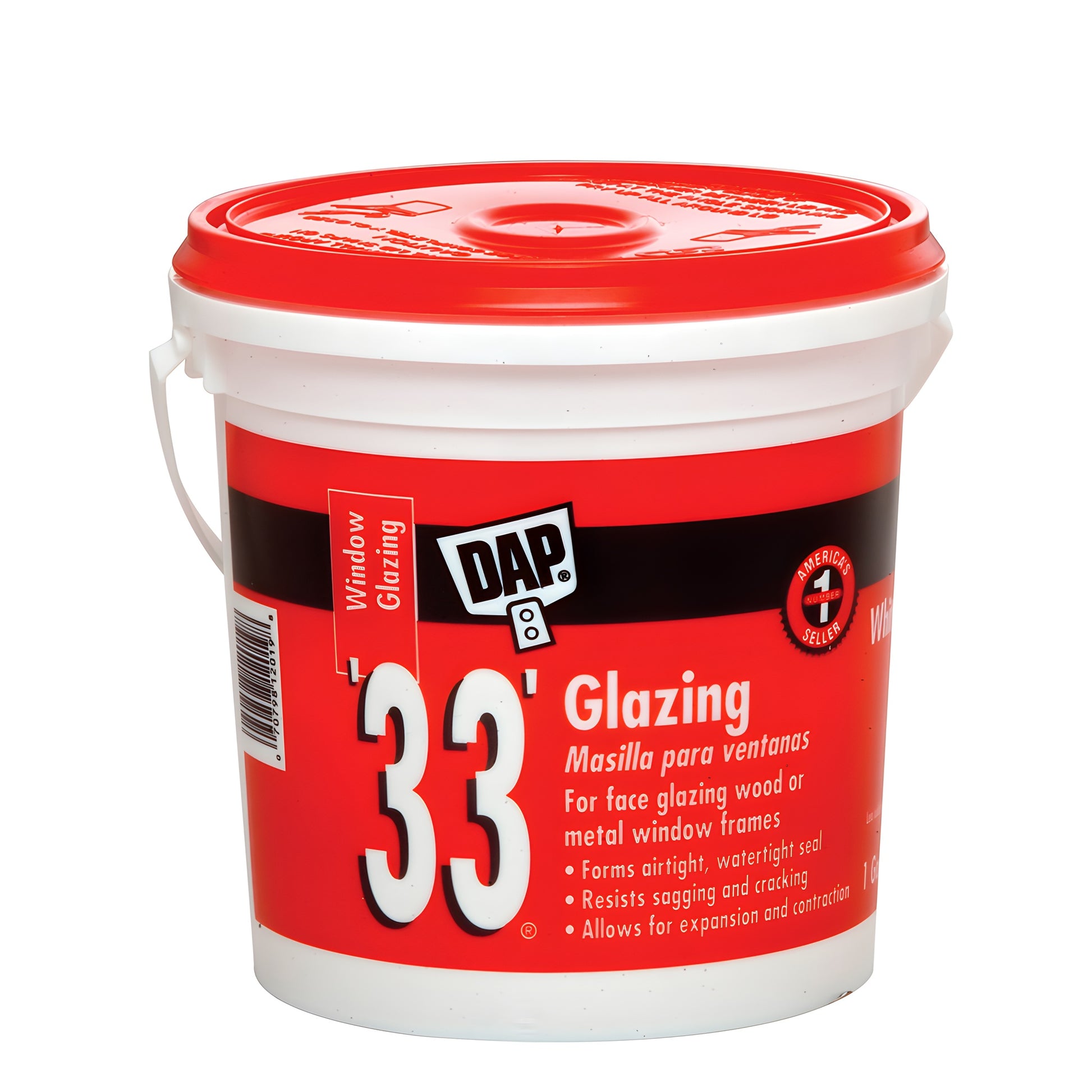 DAP 33 glazing compound, 1 gal white bucket (SKU 33GLW). Paintable putty for wood and metal window sash.