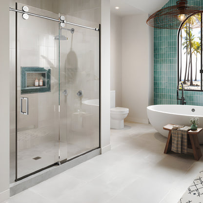 CRE78PS Crescent Series 78 in polished stainless top-rolling sliding shower door, one sliding door and one fixed panel