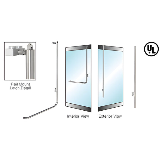 PA100 series brushed stainless 1-1/4 in tubular panic handle for tempered glass doors, rail-mount latch, UL certified - SKU 5