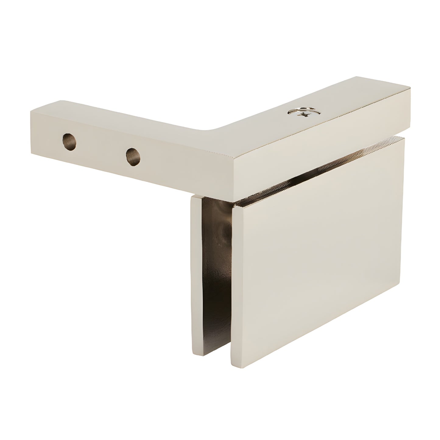 Polished nickel Cardiff left-hand offset pivot hinge for 8-10mm glass, solid brass - SKU CAR05LPN