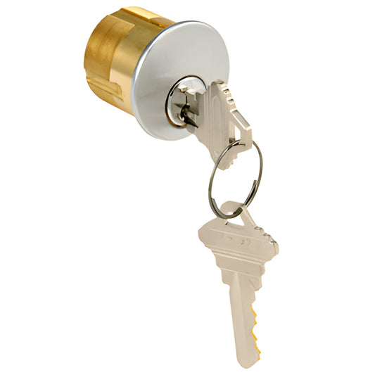 CRL DC7185SCKDSC single mortise key cylinder - satin chrome face, brass body with two Schlage C keys on key ring.