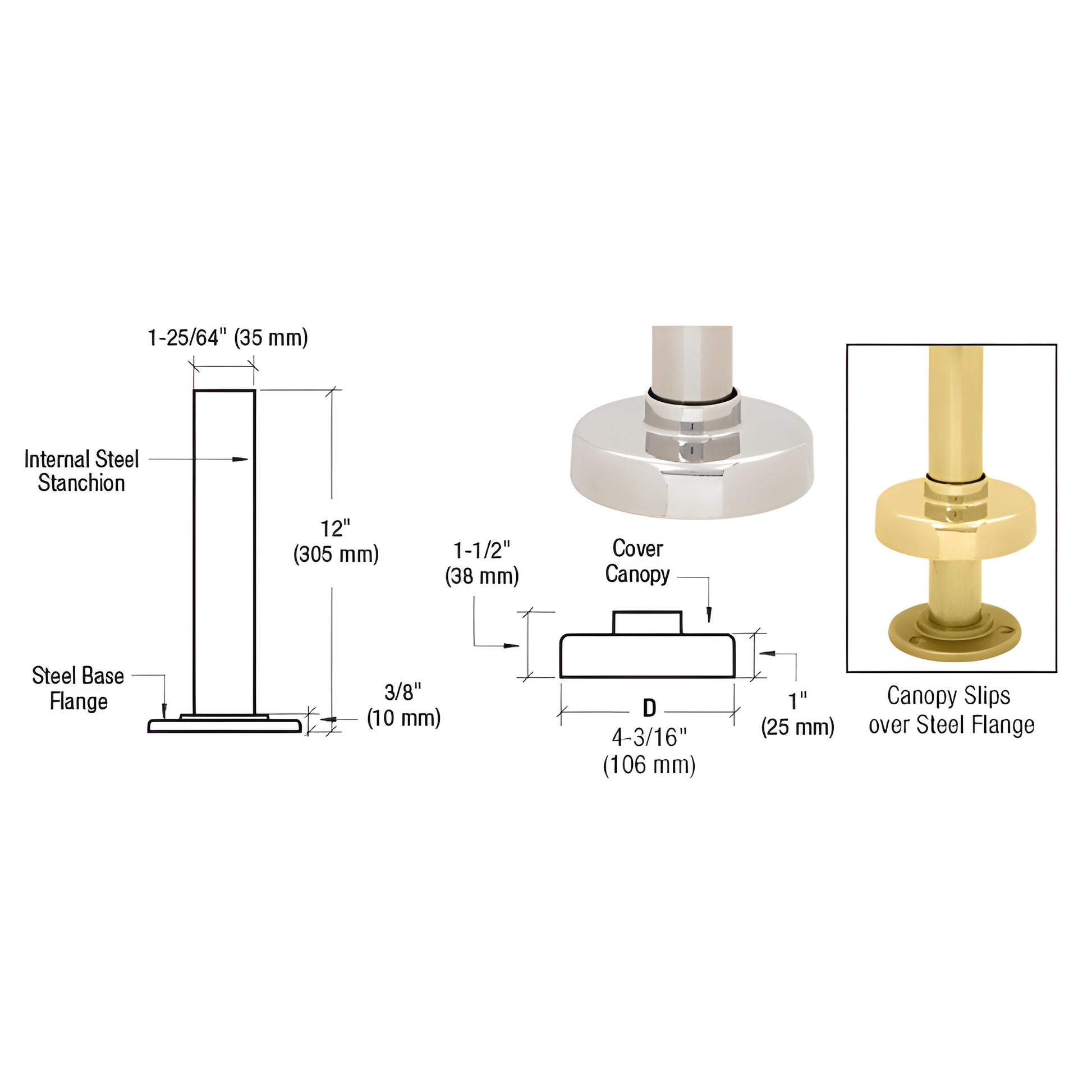 HR15XPB polished brass steel flange and canopy kit for railing posts, 12" internal stanchion.