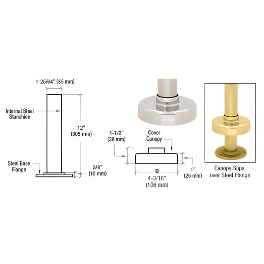 HR15XPB polished brass steel flange and canopy kit for railing posts, 12" internal stanchion.