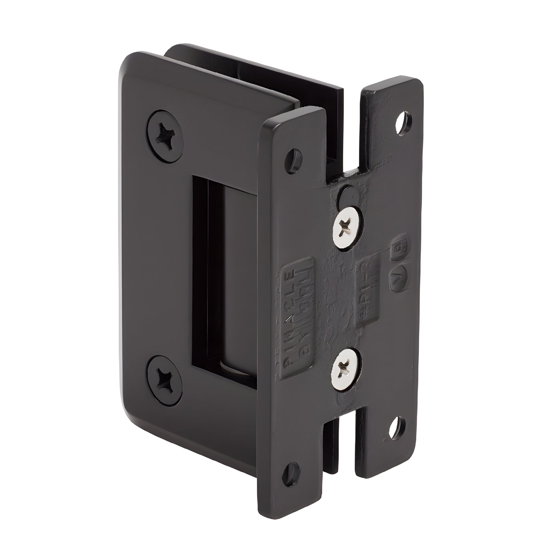 Pinnacle oil-rubbed bronze glass shower hinge (SKU P1N0370RB), solid brass H back plate, beveled radius corners