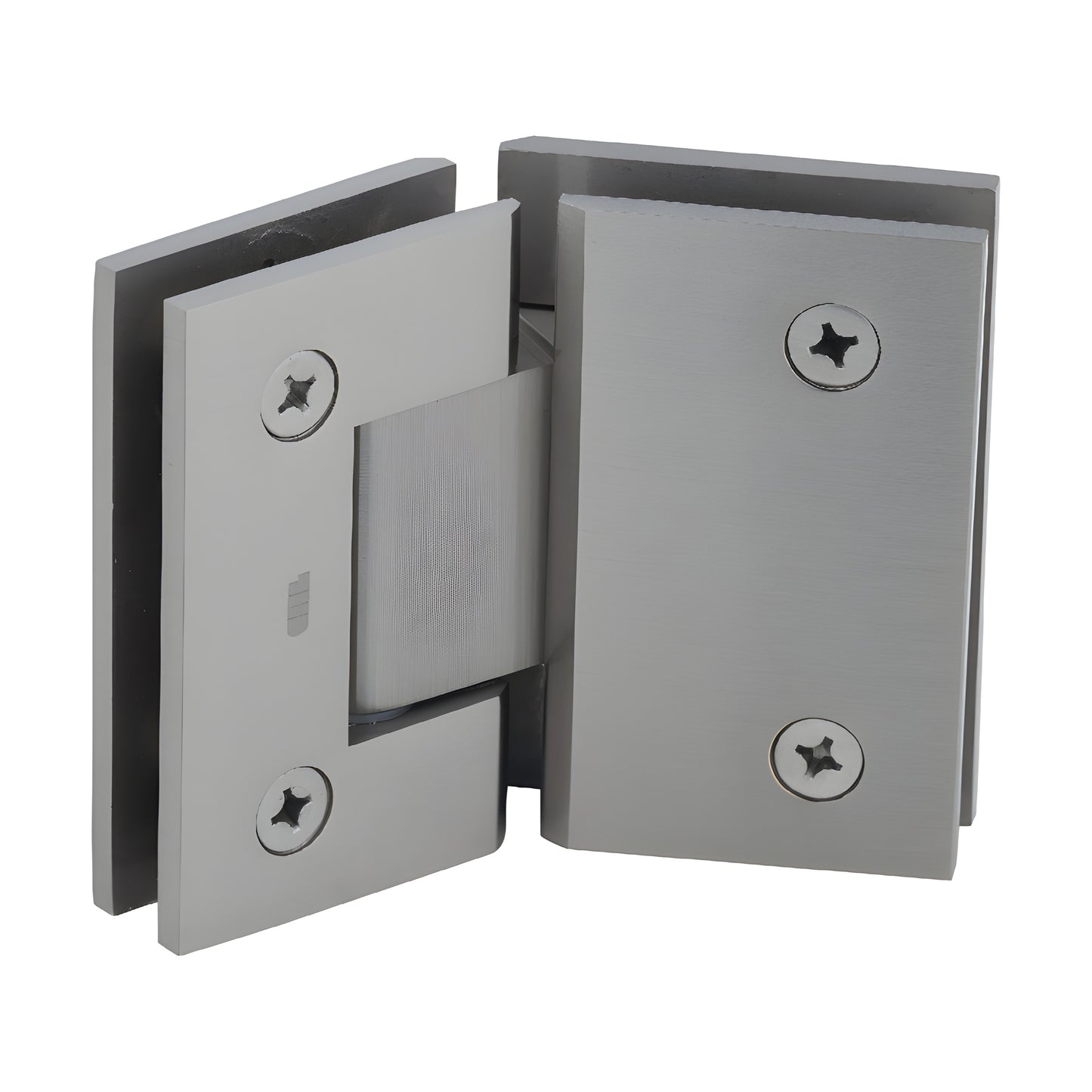 Brushed nickel square glass-to-glass shower hinge (GEN545BN), solid brass Geneva hinge with 5 preset.