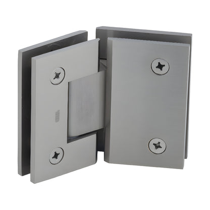 Brushed nickel square glass-to-glass shower hinge (GEN545BN), solid brass Geneva hinge with 5 preset.
