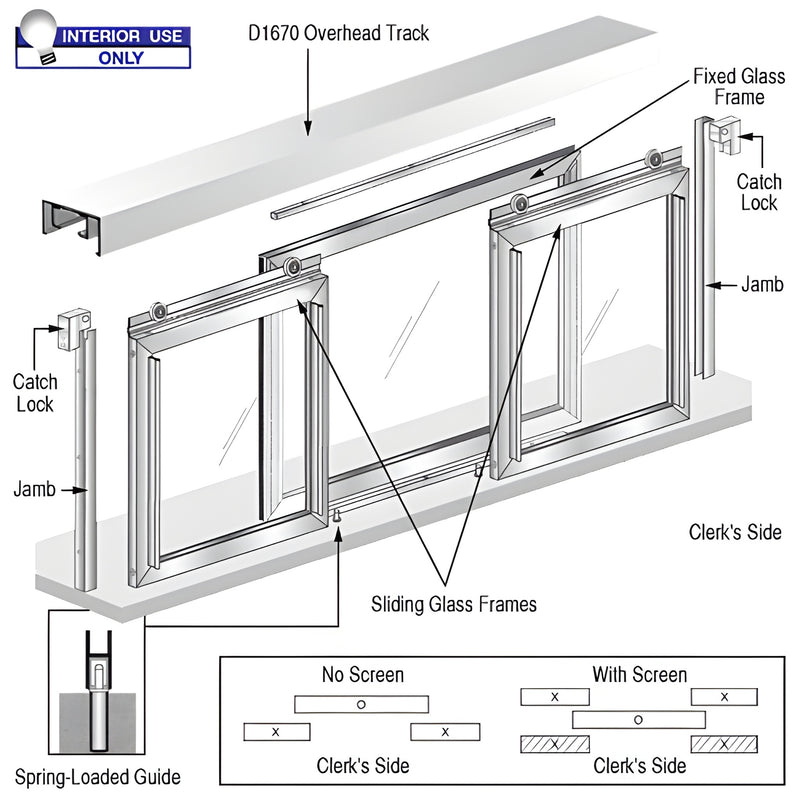 CRL Fawn pass-thru sliding window SKU D1028A - satin anodized, three-panel (fixed center, two sliding ends), interior use