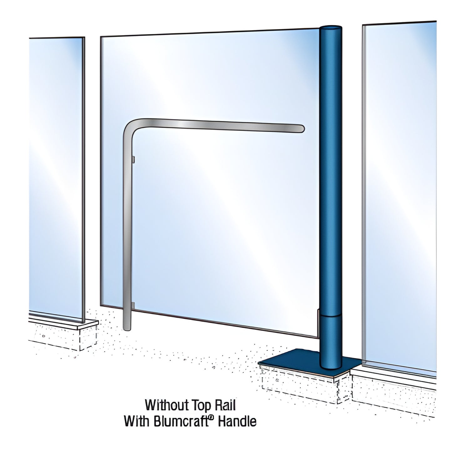 Powder-coated free-standing glass gate post (SKU BCG1PTC) with tempered glass panel and Blumcraft handle, floor-mounted.