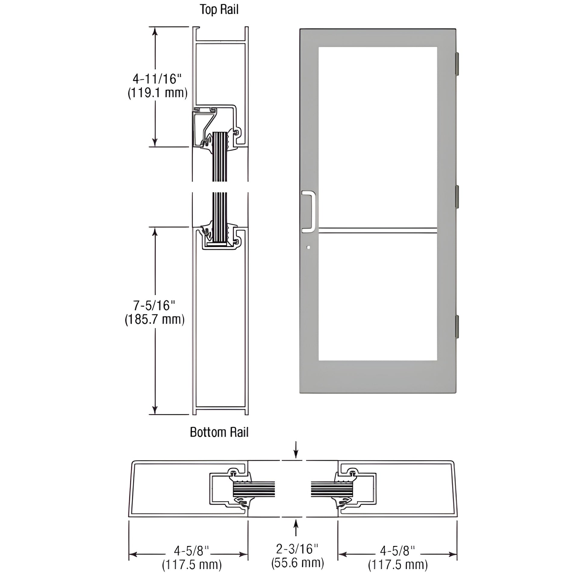 SF41511 Clear anodized medium-stile hurricane-impact entrance door with glass, push/pull hardware, deadbolt, keyed cylinder.