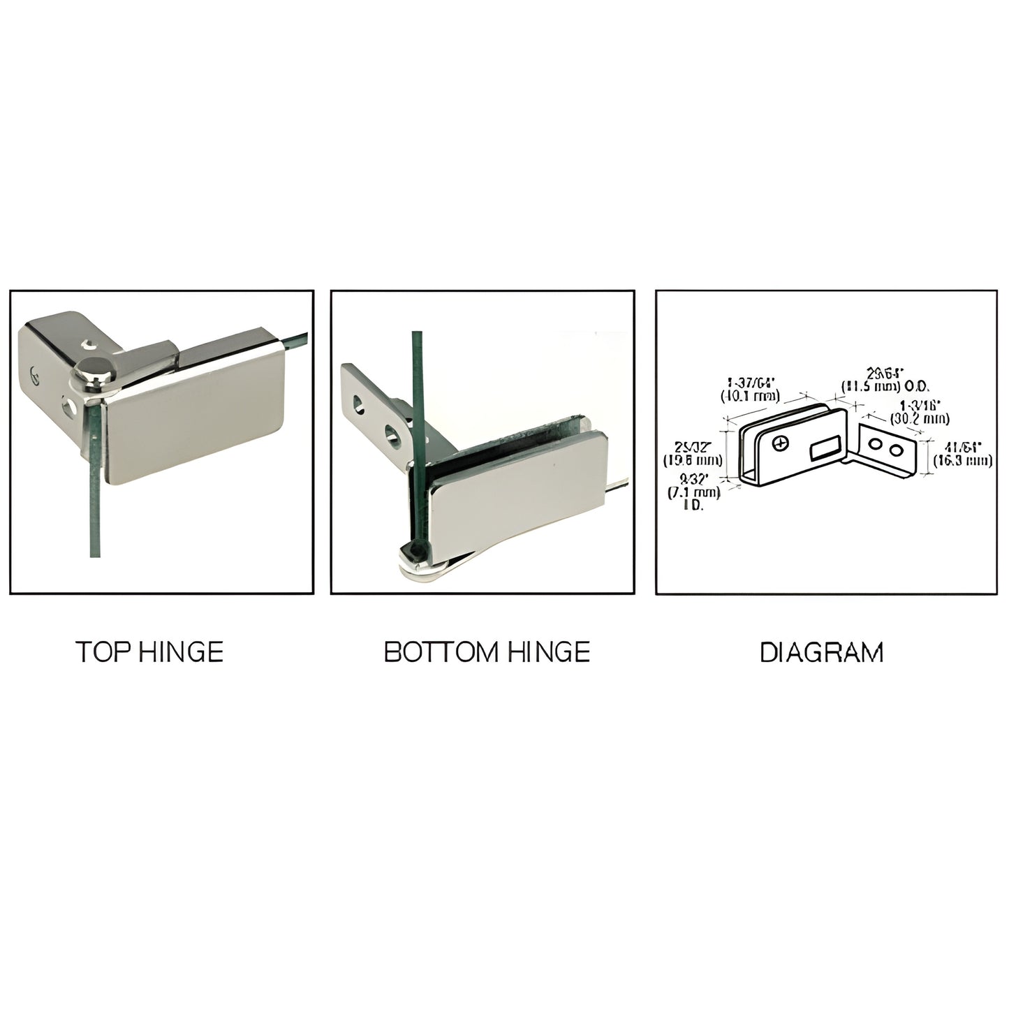 GDH96CH polished chrome brass top and bottom hinge set for 5-6mm tempered glass cabinet doors, drilled hole mount.