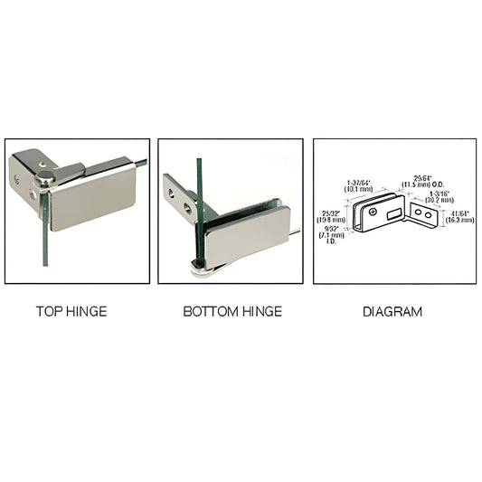GDH96CH polished chrome brass top and bottom hinge set for 5-6mm tempered glass cabinet doors, drilled hole mount.