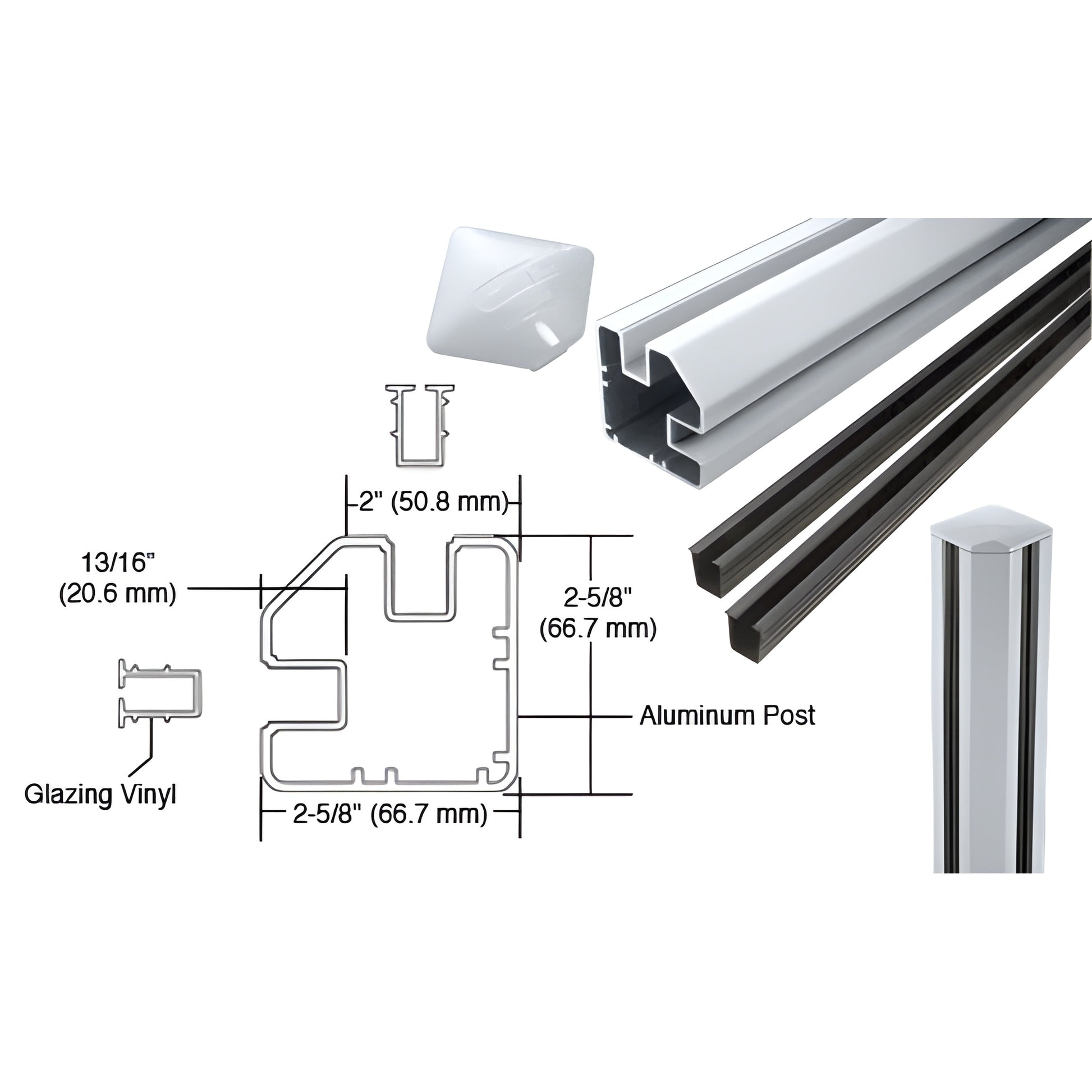 S36CRKM 90 aluminum corner post kit (mill finish) for 1/4-3/8" dry-glazed or 1/2" wet-glazed glass, includes vinyl and cap