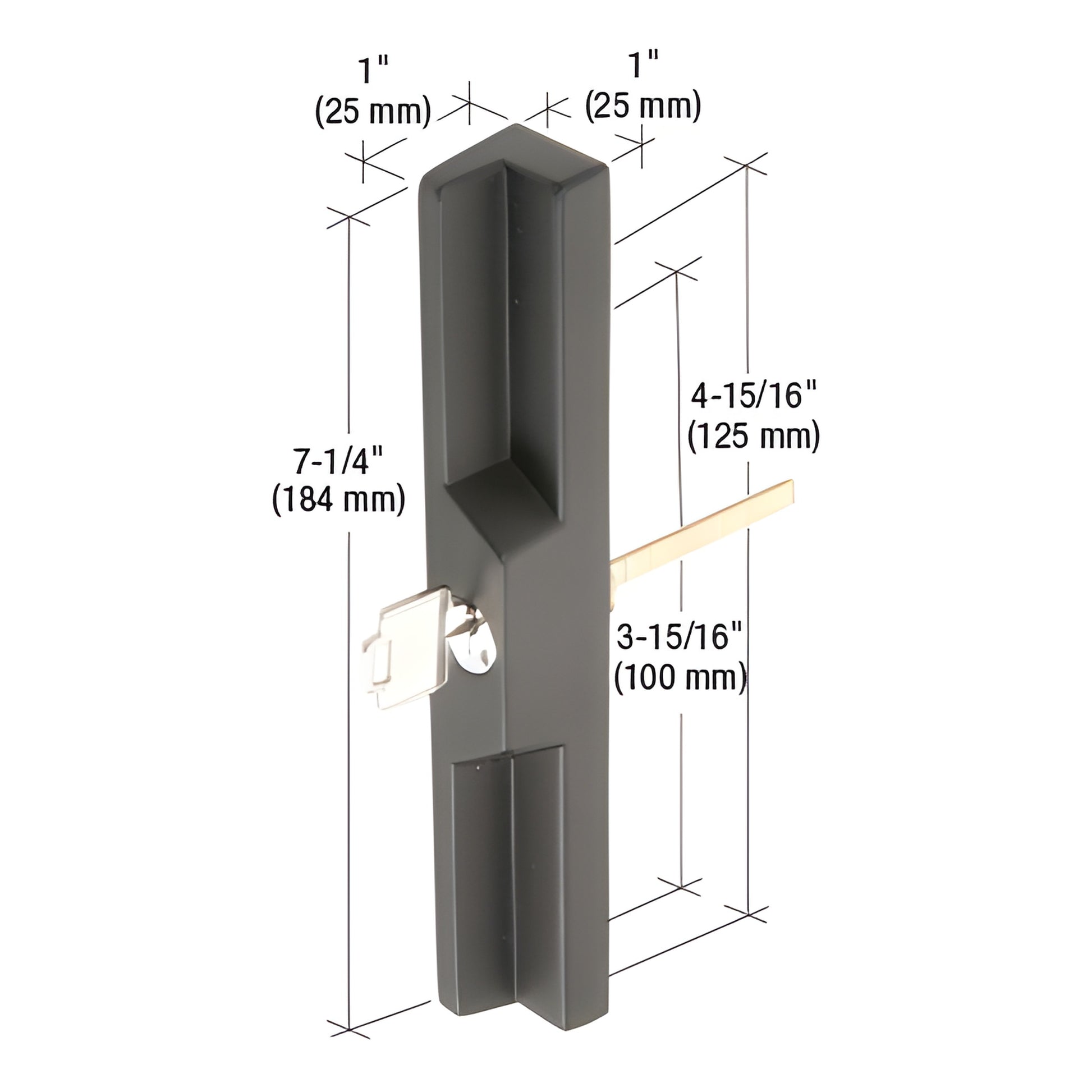 Black diecast outside pull with keyed lock (SKU C1041), 7-1/4" long, fits 4-15/16" or 3-15/16" hole centers.