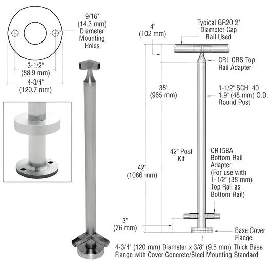 CR36LKBS stainless steel 36/42" surface-mounted round post kit with base flange & rail adapters