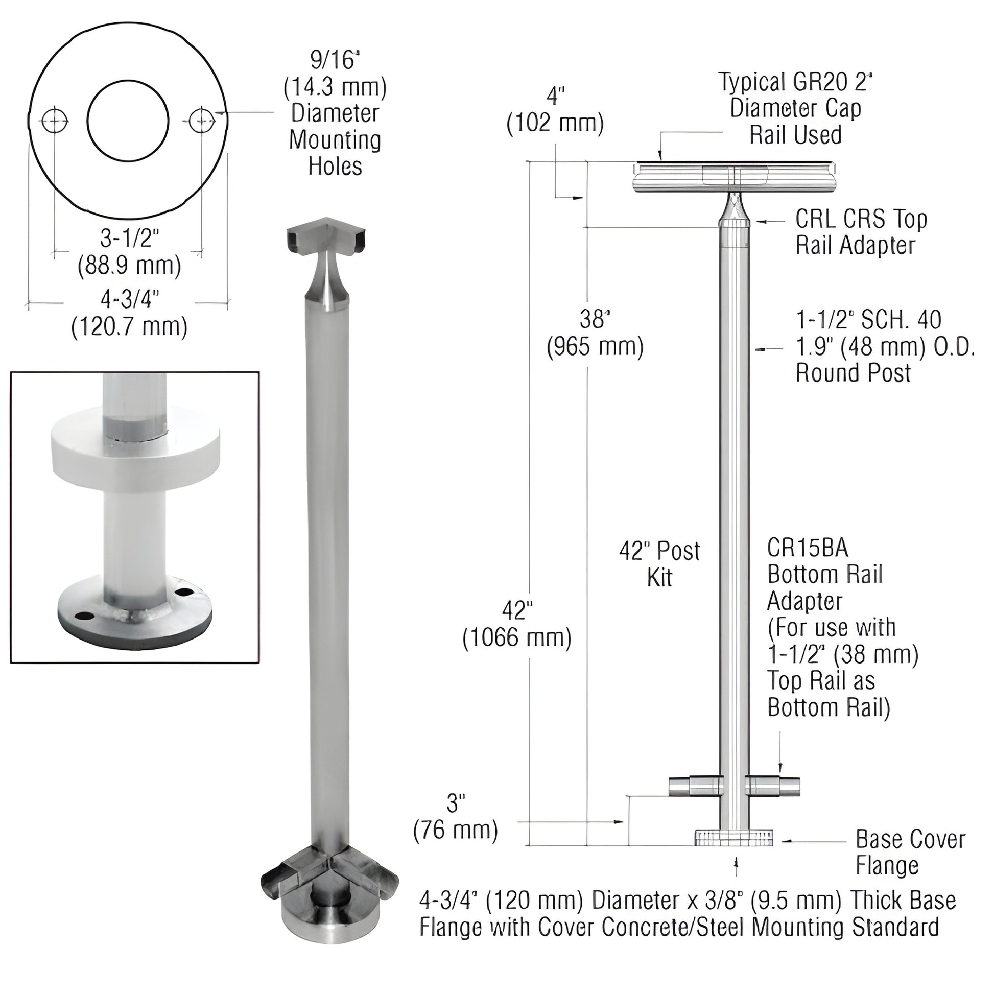 CR42LKBS 42 in stainless steel surface-mounted guardrail post kit with 4-3/4 in base plate and rail adapters.