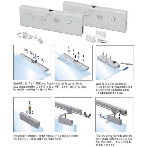 CRL EZ-Slide 180 Clamps & Bottom Guide for seamless glass door installation