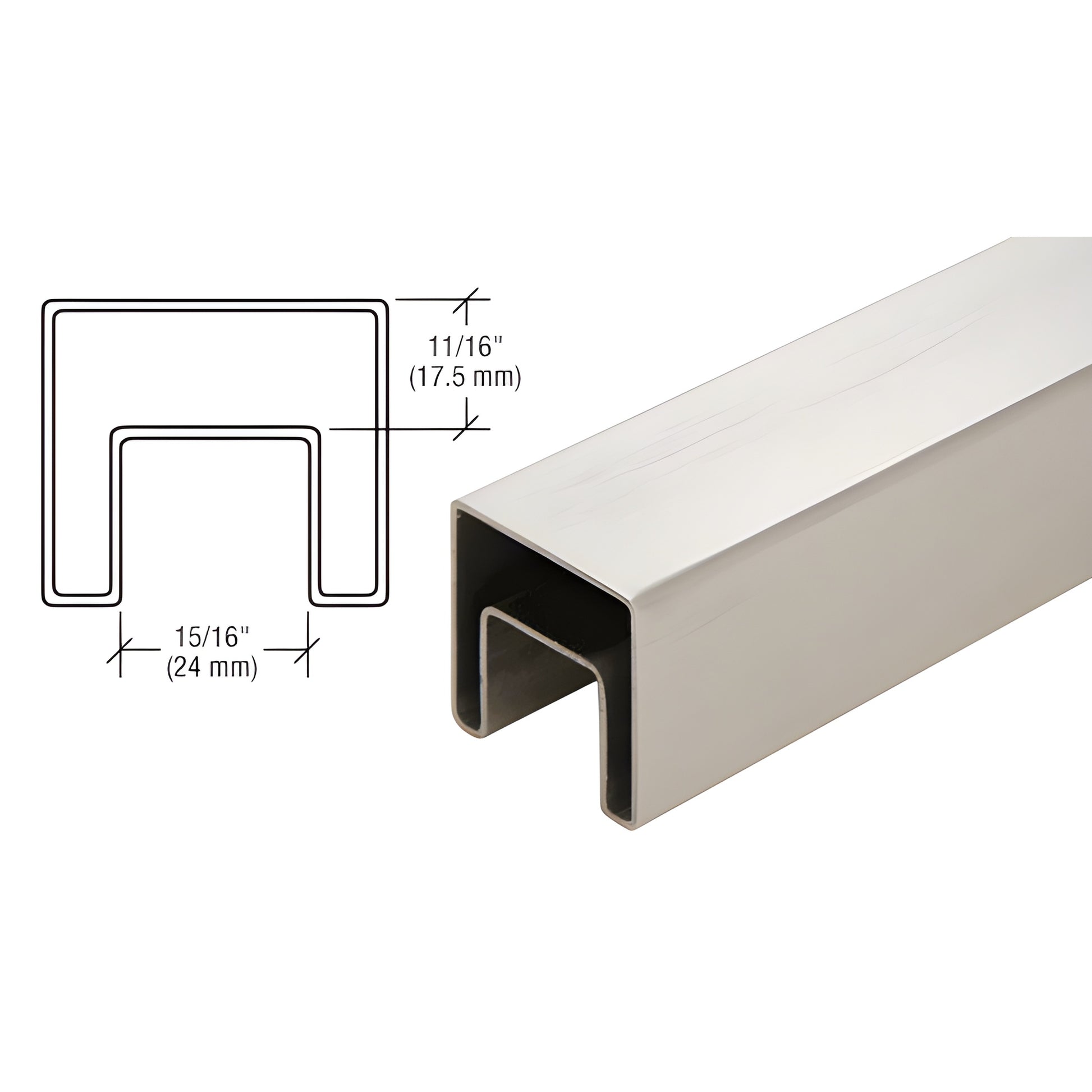 SRF15BS brushed stainless 1-1/2" square cap rail for 1/2-27/32" glass, 316 stainless, cut-end profile