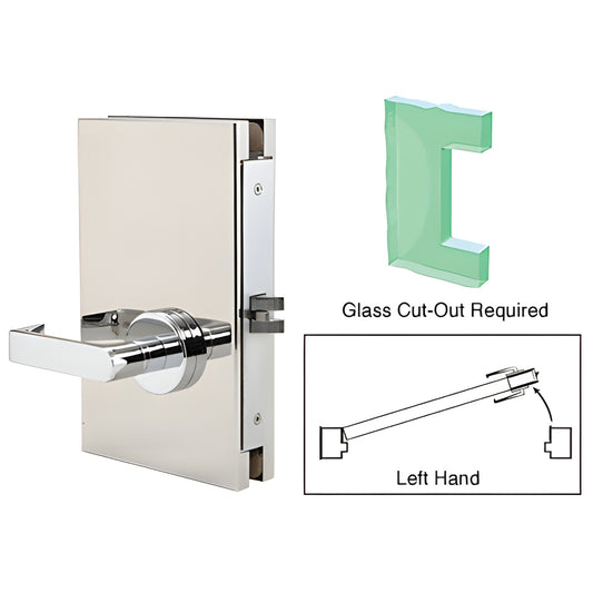 Polished stainless steel 6x10 center deadlatch for 1/2" glass door, left-hand (SKU DL610LPPS)