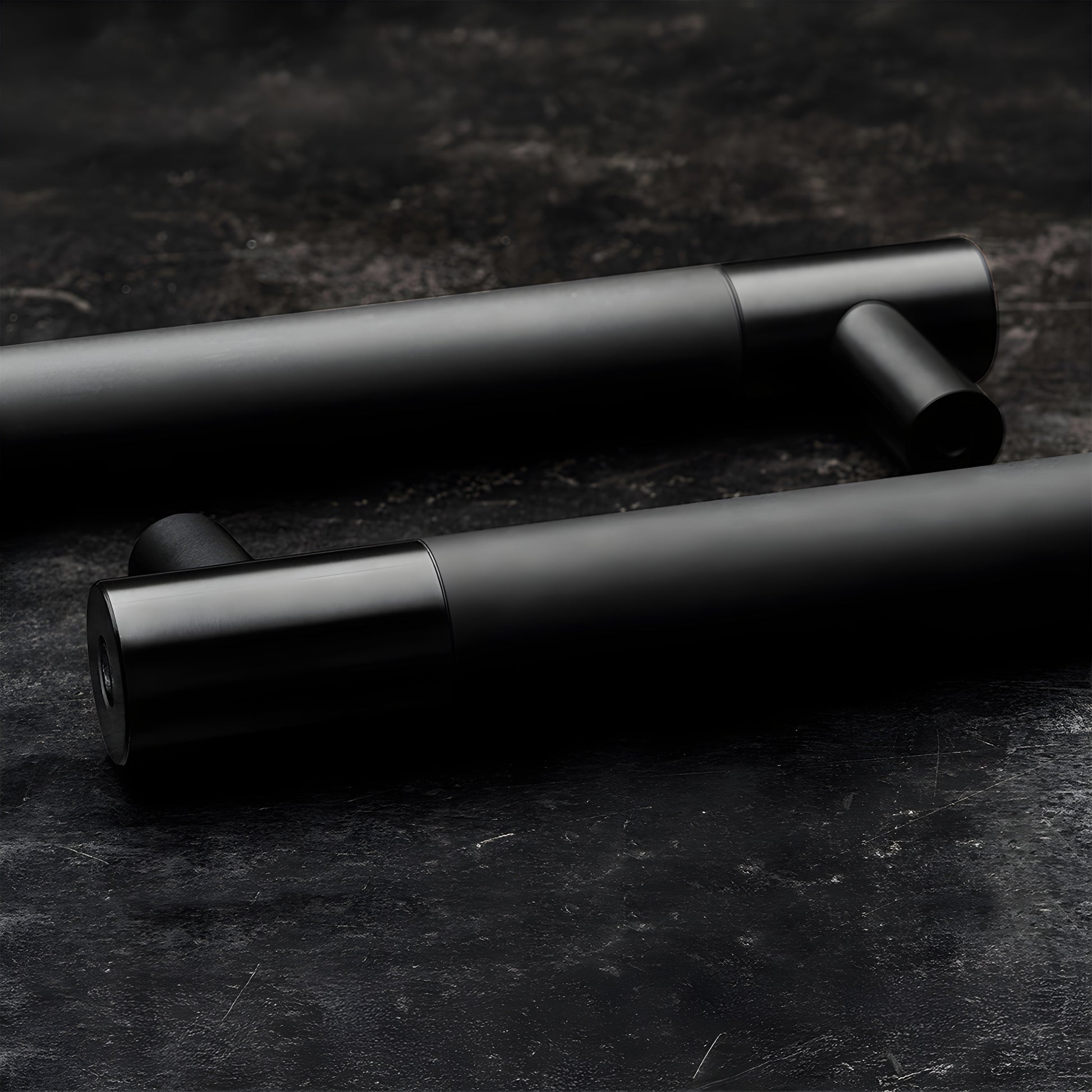 Black stainless Latitude 34 double-sided mounted cylindrical posts with connecting rod, 48in overall (LAT34LP48BLS)