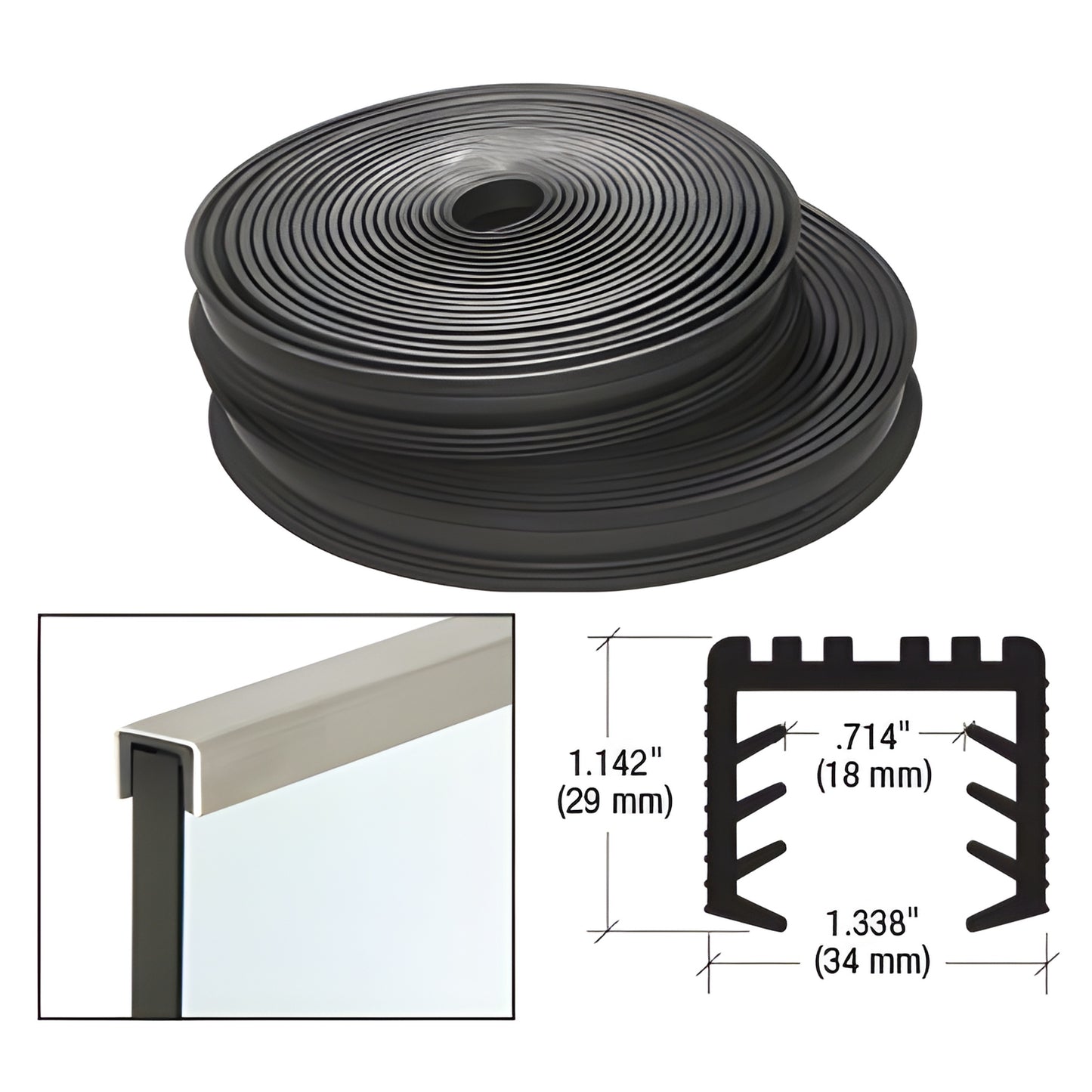 LR251PV black rubber cap rail insert roll for laminated glass railings, profile and dimensions shown