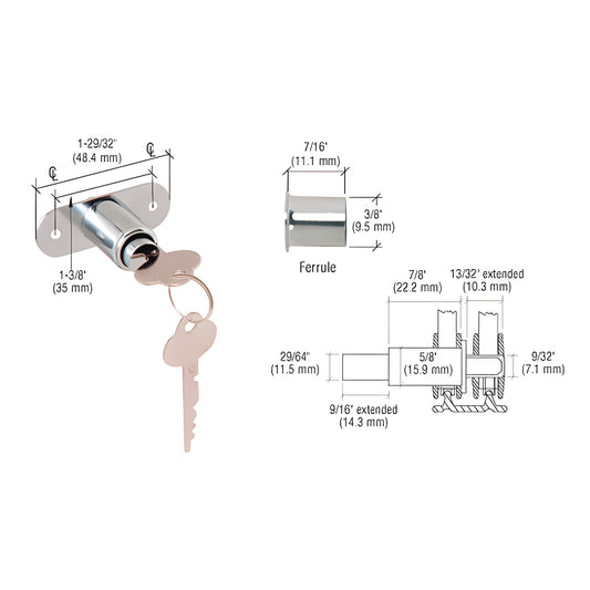 CRL SKU 981 polished chrome brass track plunger lock with key and ferrule, low-profile sliding door lock and dimensions diagr