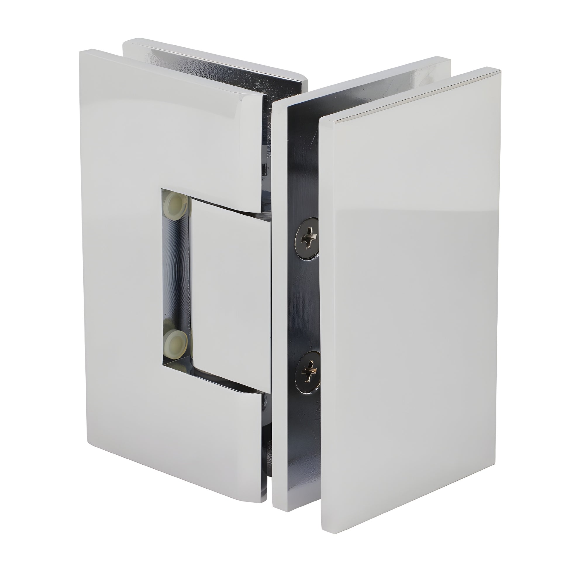 Polished chrome Junior Geneva glass-to-glass shower hinge (SKU JRG092CH), square brass 90 self-centering, fits 6-8mm glass.