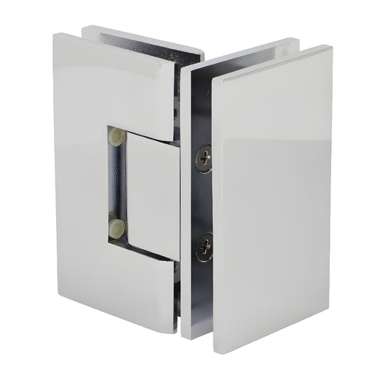 Polished chrome Junior Geneva glass-to-glass shower hinge (SKU JRG092CH), square brass 90 self-centering, fits 6-8mm glass.