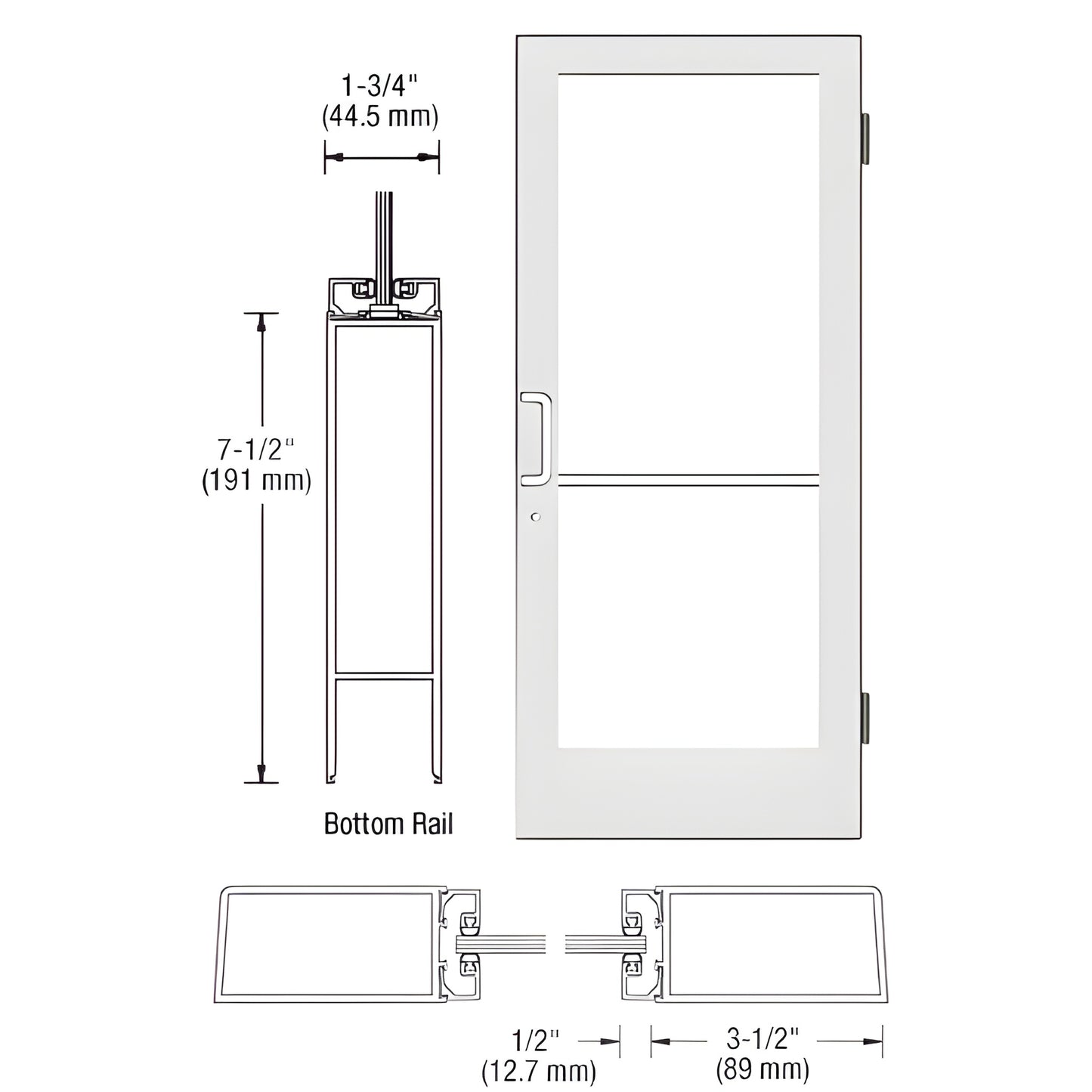 HE41552 white Kynar medium stile commercial entrance door with 7.5" bottom rail, accepts 1/4" tempered glass.