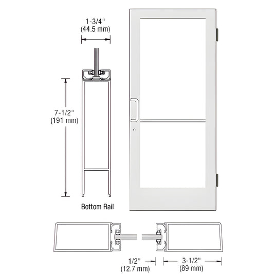 HE41552 white Kynar medium stile commercial entrance door with 7.5" bottom rail, accepts 1/4" tempered glass.