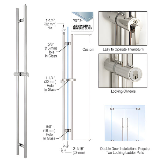 LLPA108UPS polished stainless locking ladder pull for 1/2-3/4" glass doors, ADA thumbturn and rim cylinder.