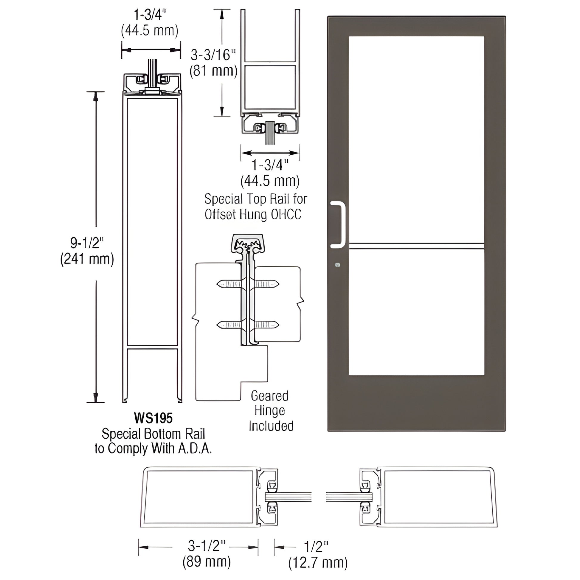 DE41922 commercial glass entrance door, Black Bronze Anodized, medium stile, 9.5" ADA bottom rail, push/pull hardware.