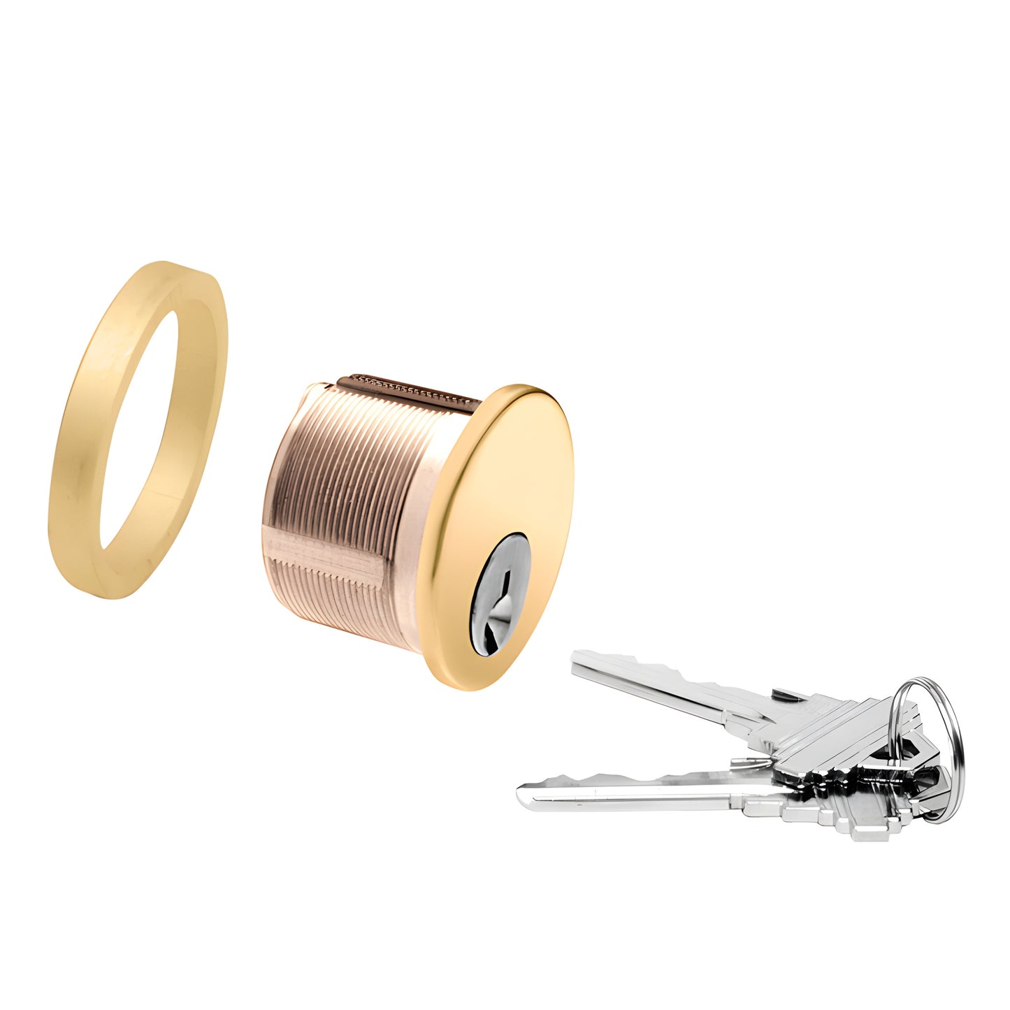 DRA50PB polished brass 5 pin mortise cylinder with trim ring and three keys, solid brass, 1" length.