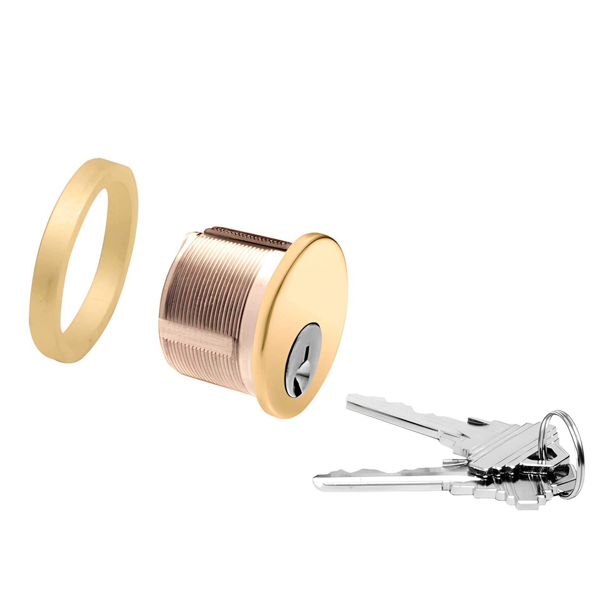 DRA50PB polished brass 5 pin mortise cylinder with trim ring and three keys, solid brass, 1" length.