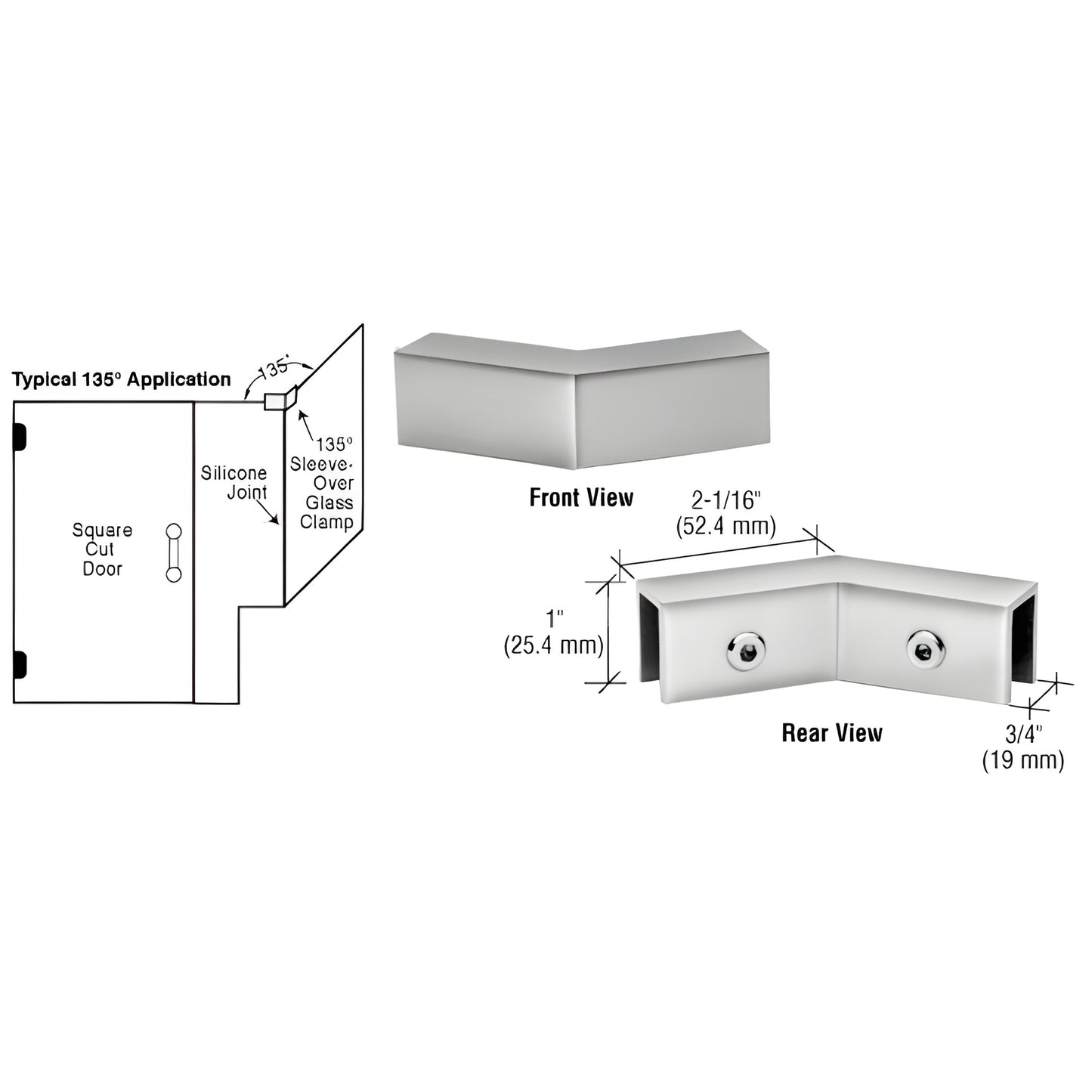 Polished chrome 135 sleeve-over glass clamp (SKU S0GC135CH) for 8-12mm tempered glass, solid brass, front/rear views