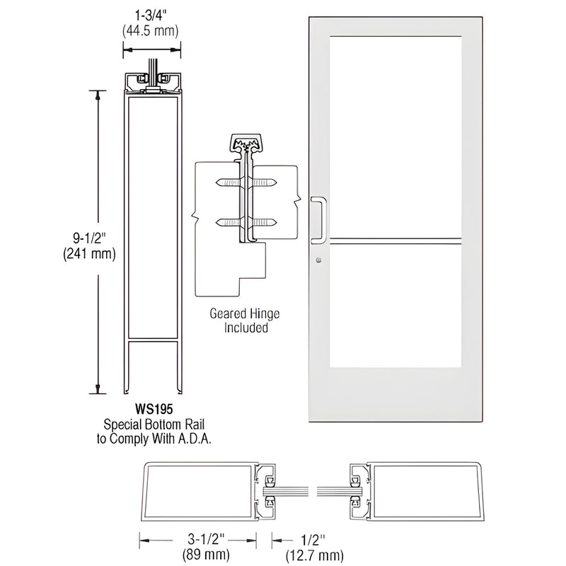 White Kynar medium-style commercial entrance door with 9-1/2" ADA bottom rail, 3-1/2" stiles, glass panel and push/pull hardw
