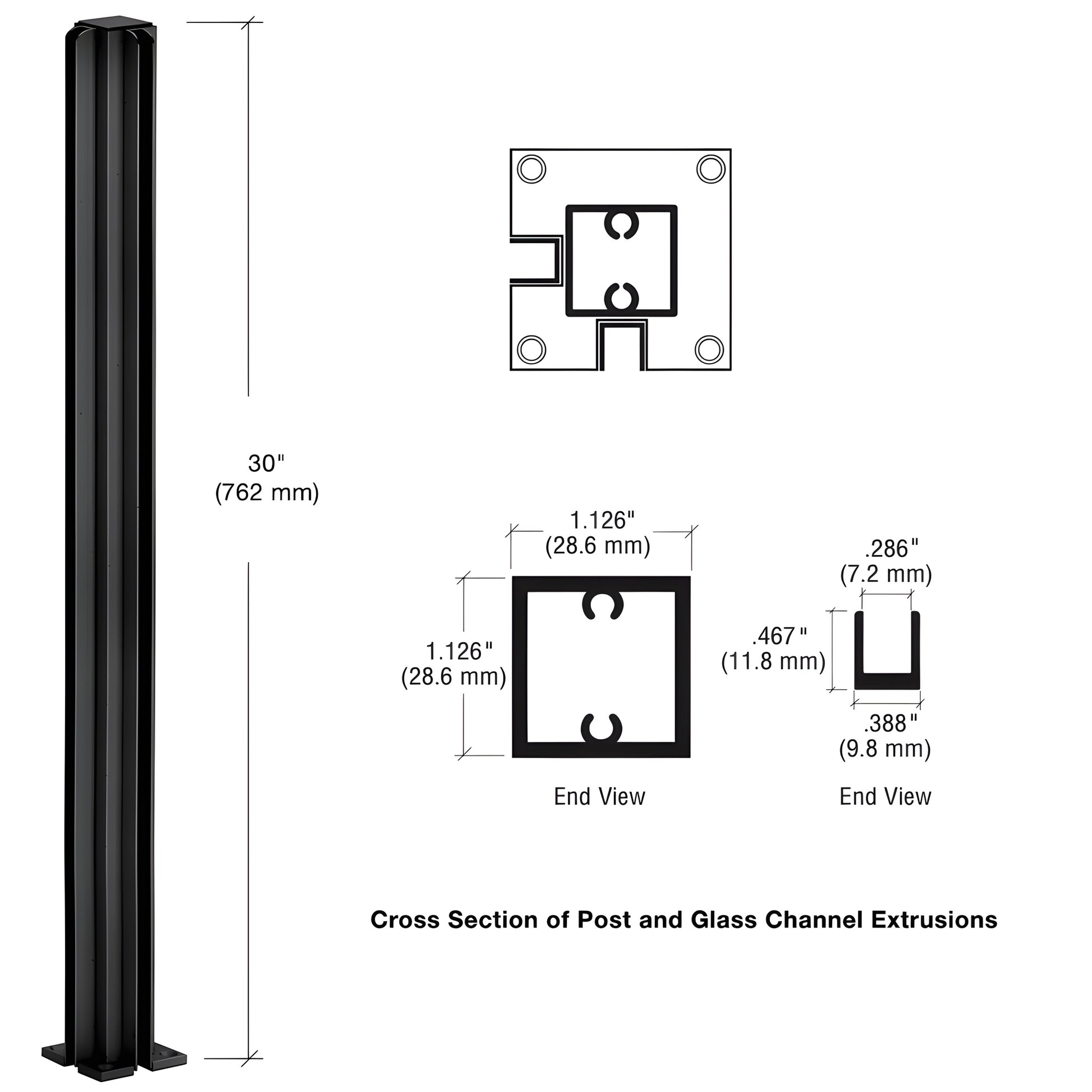 Matte black aluminum 30 in 90 corner partition post with U-channel for 1/4 in glass, 2 in base