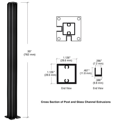 Matte black aluminum 30 in 90 corner partition post with U-channel for 1/4 in glass, 2 in base