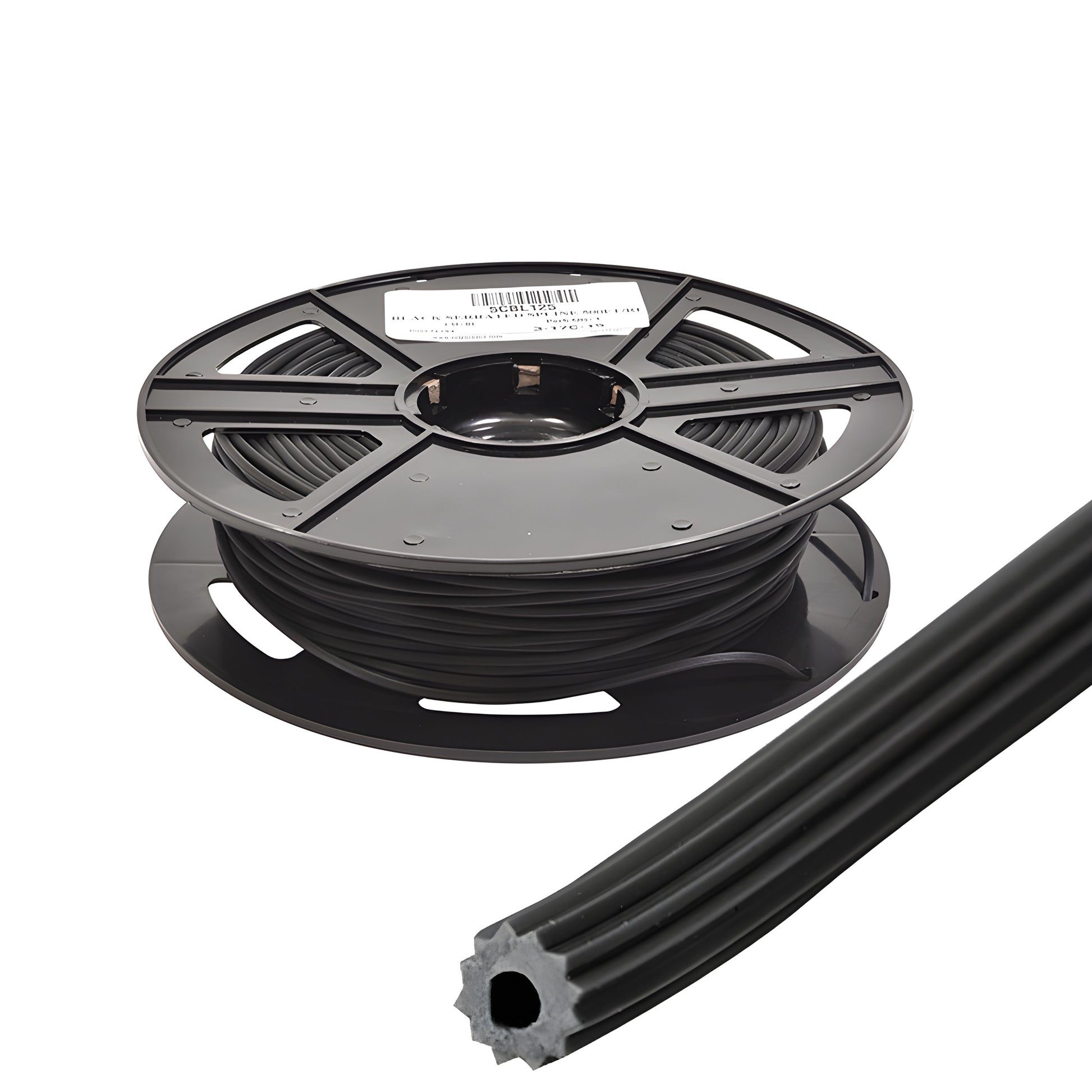 500' black hollow-core vinyl serrated screen spline on plastic spool (SKU 5CBL125), 0.125in diameter