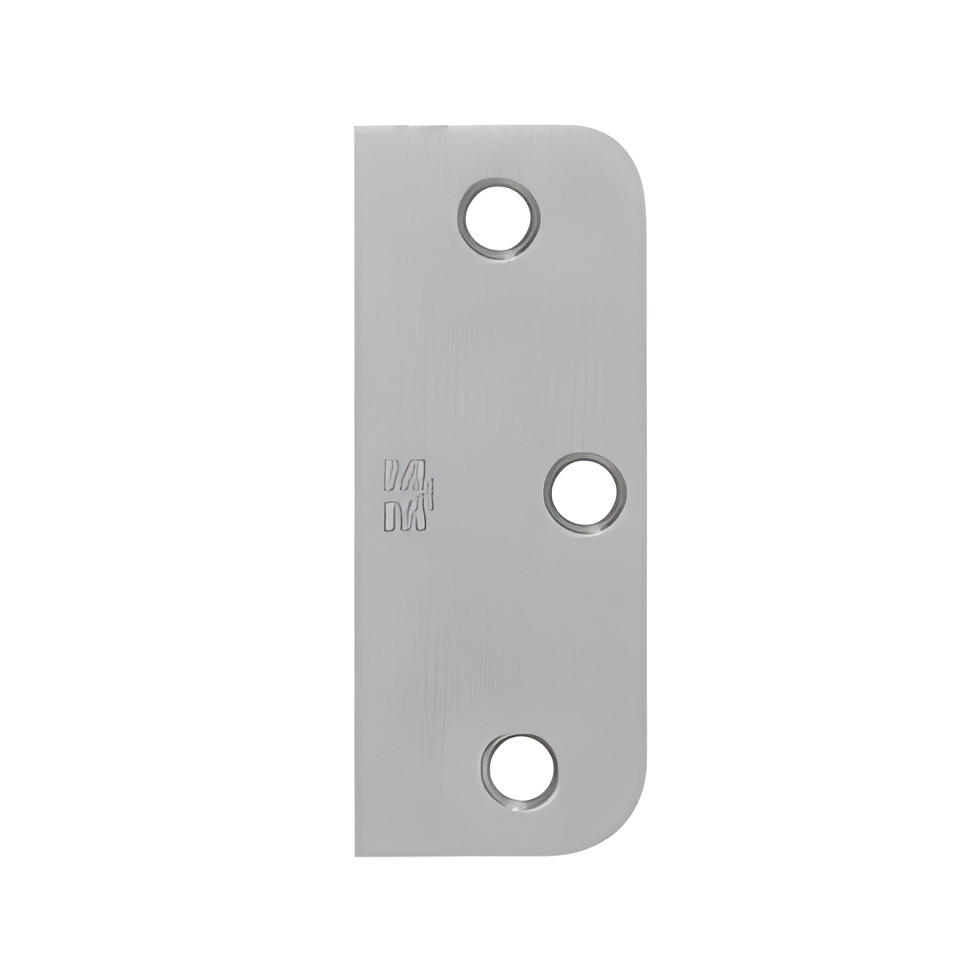 Dull chrome hinge filler plate with three countersunk holes, rounded corner, 3-1/2" height, SKU F35826D