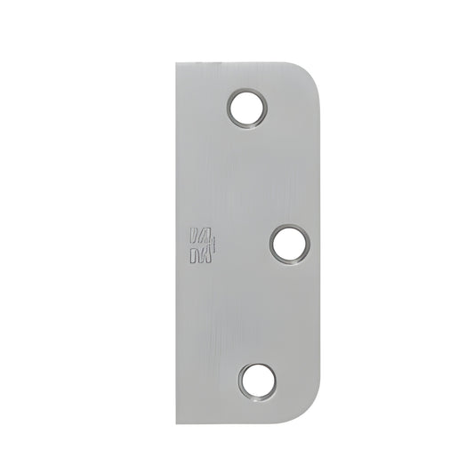Dull chrome hinge filler plate with three countersunk holes, rounded corner, 3-1/2" height, SKU F35826D