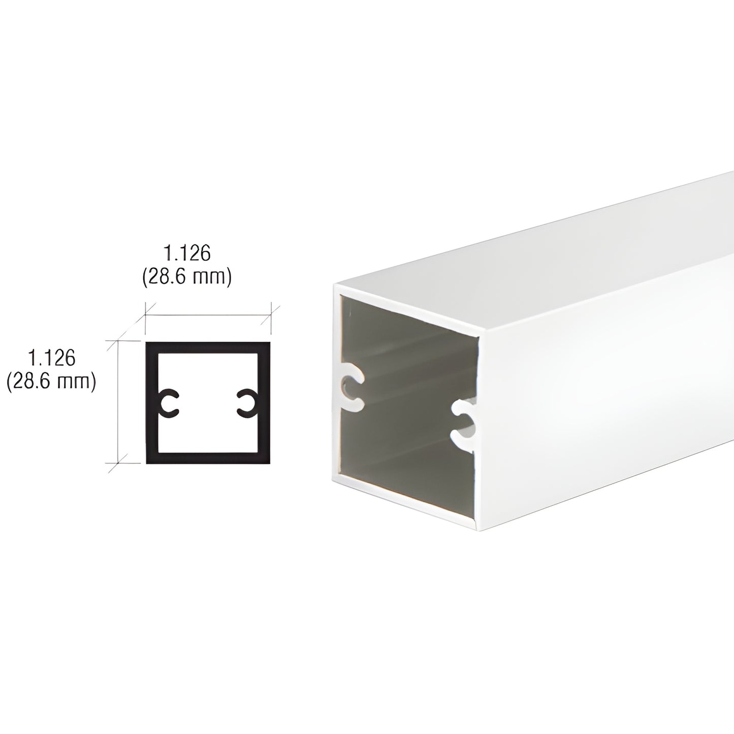 D630BA: 1.126" (28.6mm) square aluminum partition post, brite anodized finish, hollow extruded profile with internal clip gro