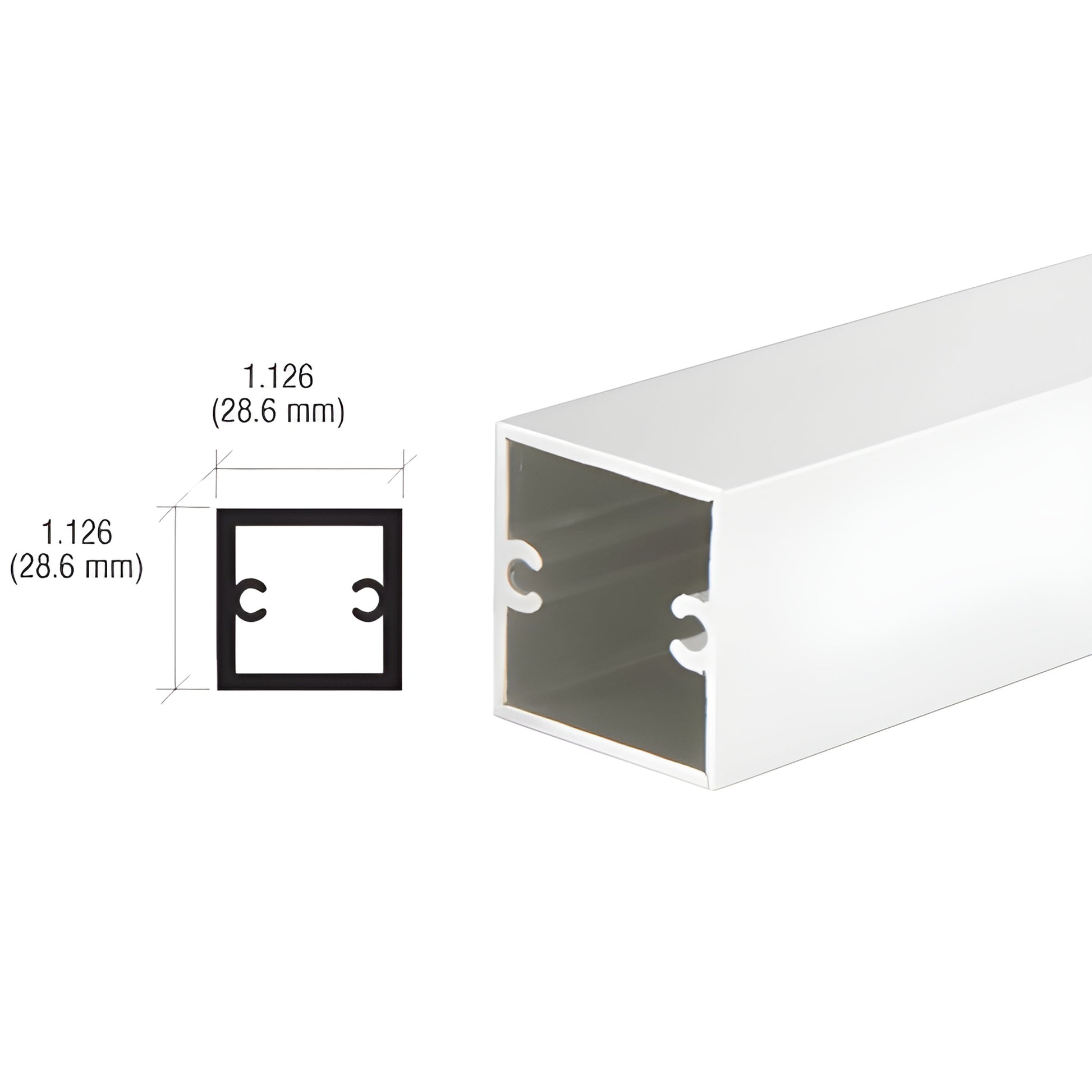 D630BA: 1.126" (28.6mm) square aluminum partition post, brite anodized finish, hollow extruded profile with internal clip gro