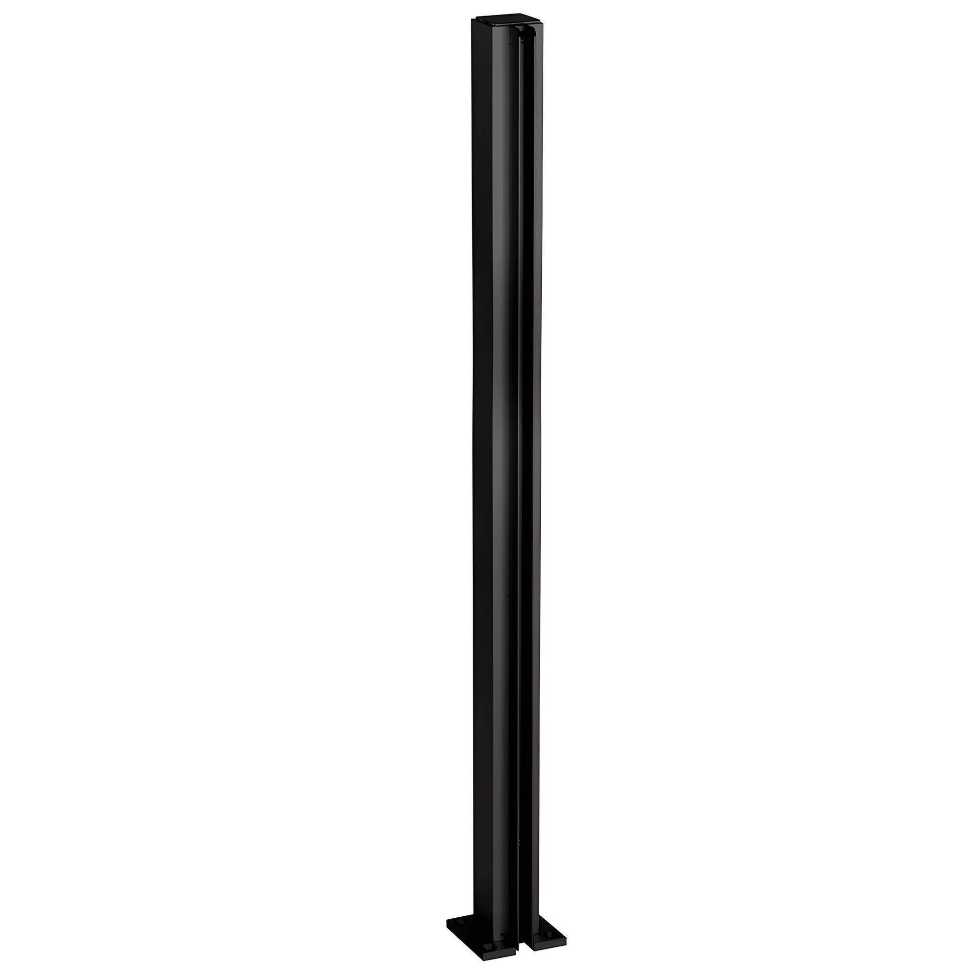Dark bronze anodized 30 in aluminum square partition end post with U-channel glazing and 2 in square base